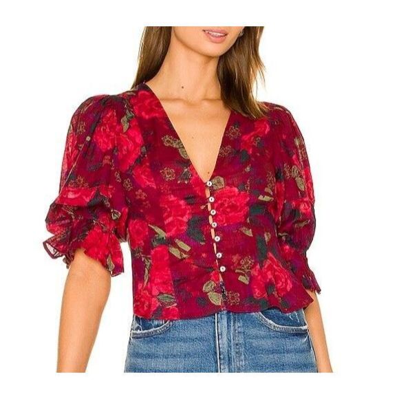 Free People OB1418154 Women's Sz Large Wine Floral Print I Found You Top - Picture 10 of 11